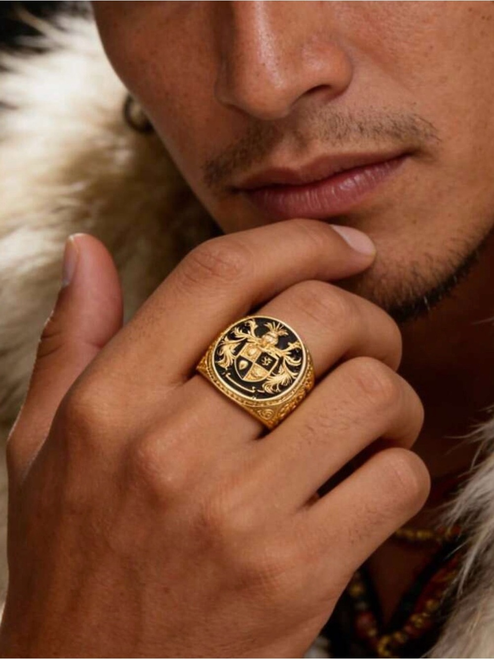 New Arrivals Fashion Gold-Tone Crest Signet Ring for Men - Black Enamel Detail